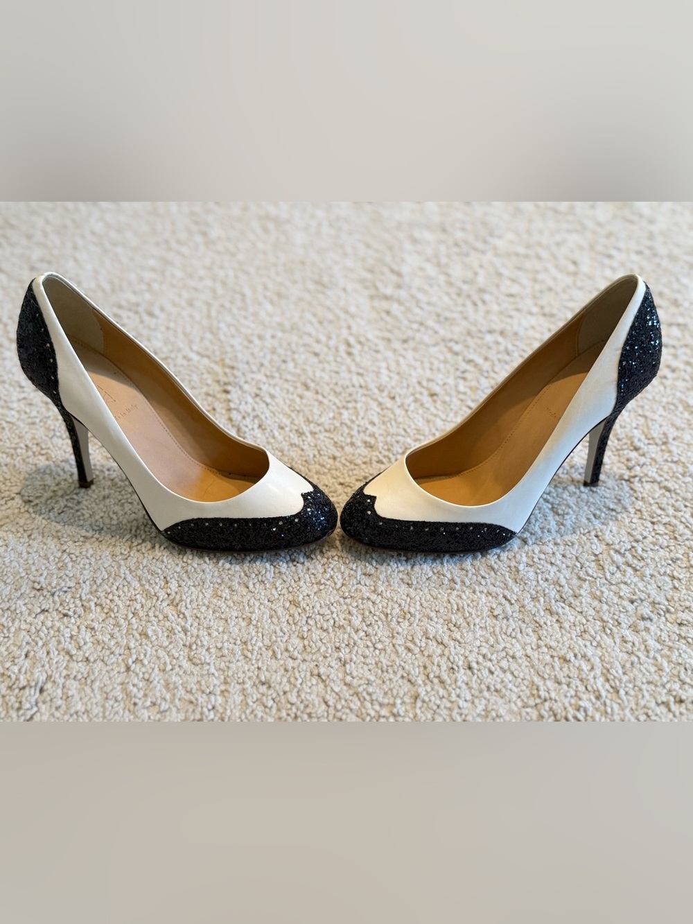 J. Crew Black Glitter and White Leather Tuxedo Cap-Toe Pumps - Picture 3 of 7